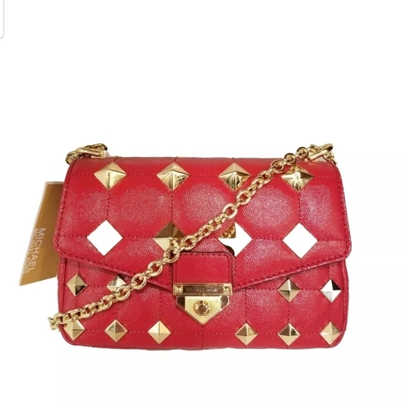 NWT!  MICHAEL KORS SOHO SMALL CRIMSON 🔥🔥 STUDDED CHAIN LEATHER SHOULDER BAG - Picture 12 of 14
